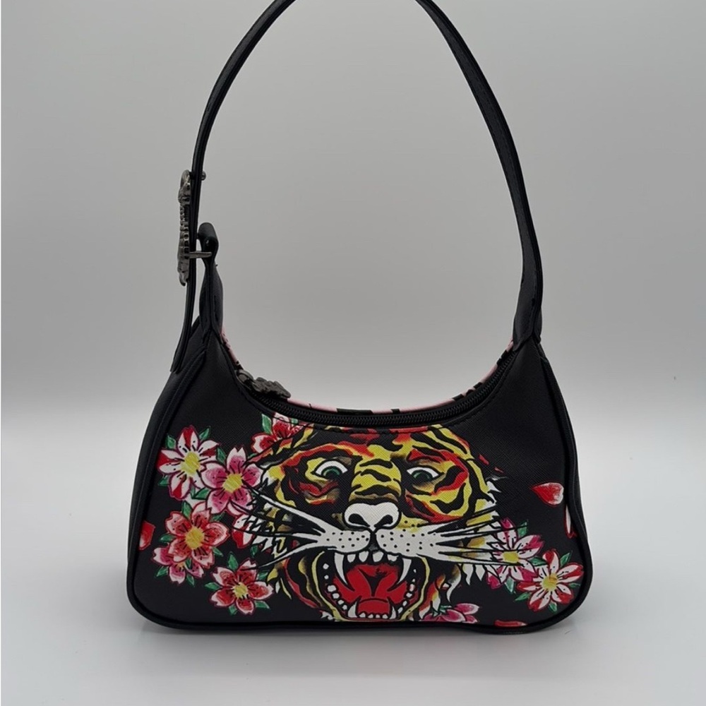 Ed Hardy Black Tiger and Floral Shoulder Bag